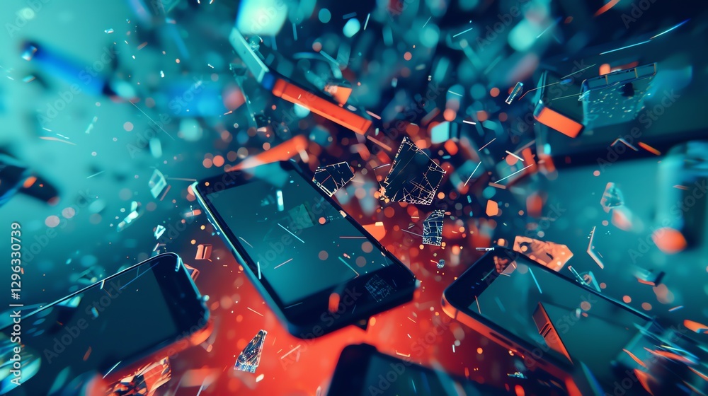 Wall mural multiple broken smartphones and glass shards exploding in the air with a blue and red background.
