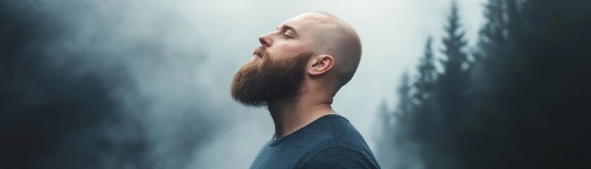 Naklejka premium A serene moment of a man with a beard, breathing deeply in a tranquil forest setting surrounded by mist. Lifestyle nature concept.
