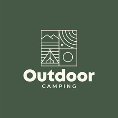 minimalist camping and outdoor adventure line art icon logo vector illustration design. simple modern adventure logo concept