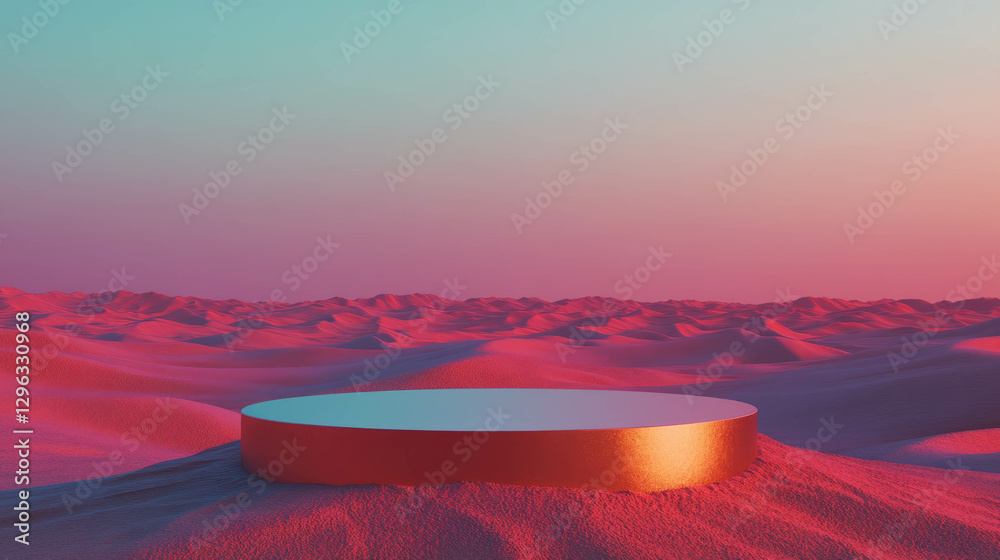 Poster Minimalist podium on sand with warm lighting for event design and display