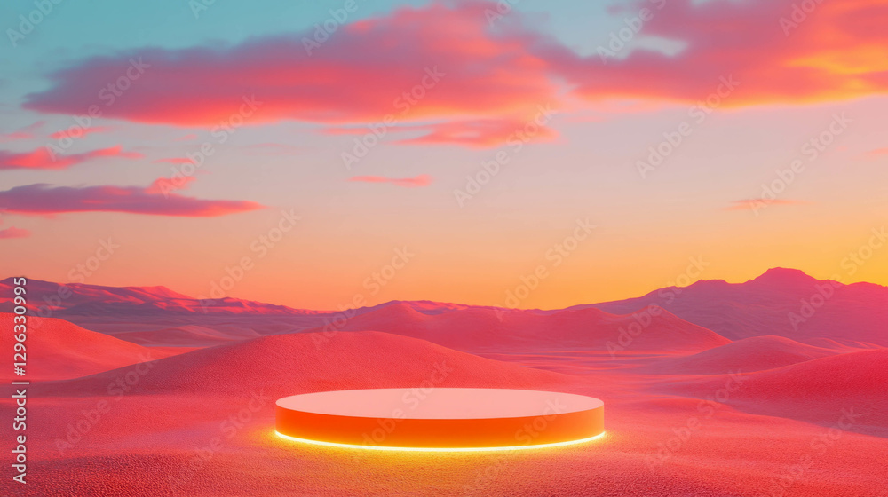 Poster warm sunset over desert with illuminated sand podium for display and design
