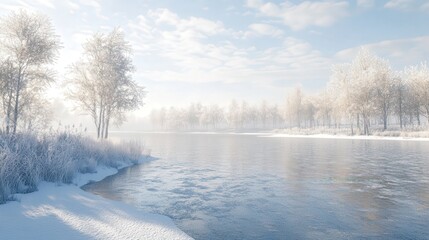 serene winter scene showcasing a frozen lake with snow-dusted trees lining the shore, creating a breathtakingly quiet and cold atmosphere.