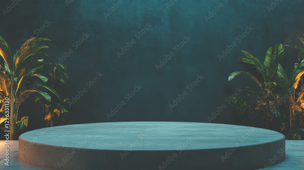 Poster Minimalist podium display with textured concrete surface and green foliage