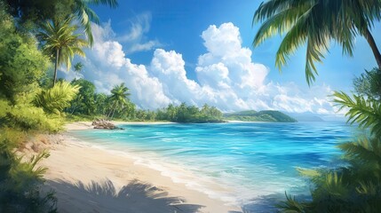 sunny tropical lagoon with turquoise waters and pristine sandy Palm Beach, perfect for a summer travel banner showcasing a peaceful paradise.