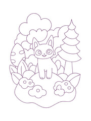 Naklejka premium Fantasy Forest Landscape with Magical Creatures – Adult Coloring Page on White Background