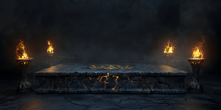 A dramatic 3D background featuring a dark, gothic podium made of cracked obsidian, surrounded by flickering torches. The eerie glow from mysterious symbols carved into the surface enhances the