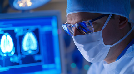 Neurosurgeon analyzing brain scans in modern medical environment