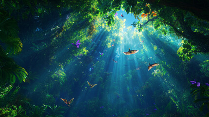 Fototapeta premium Majestic rainforest canopy with sunlight streaming through dense trees