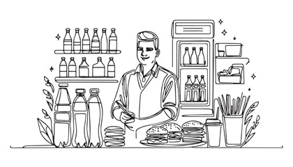 Continuous one single minimal line drawing restaurant