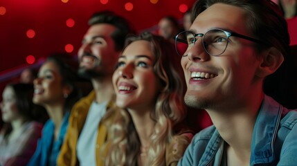 Group of smiling friends watching a movie in a cinema 