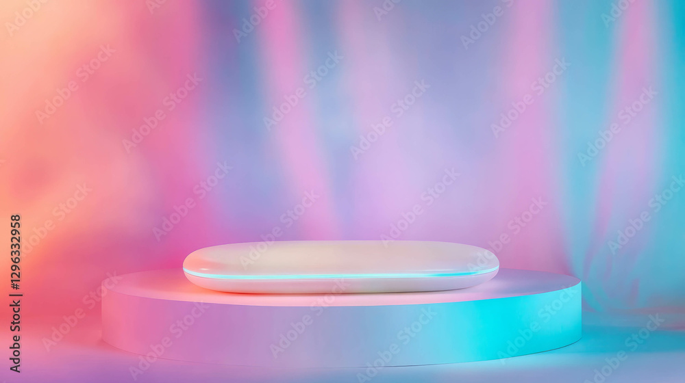 Poster elegant white podium with ambient lighting for product display and presentation