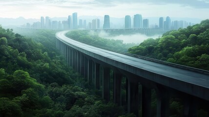 A stunning view of a winding road through lush greenery with a modern city skyline in the background, shrouded in mist and tranquility. Environment and eco drive concept.