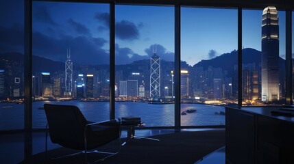 Serene Night in Hong Kong: A Breathtaking Cityscape View from a Luxurious Office