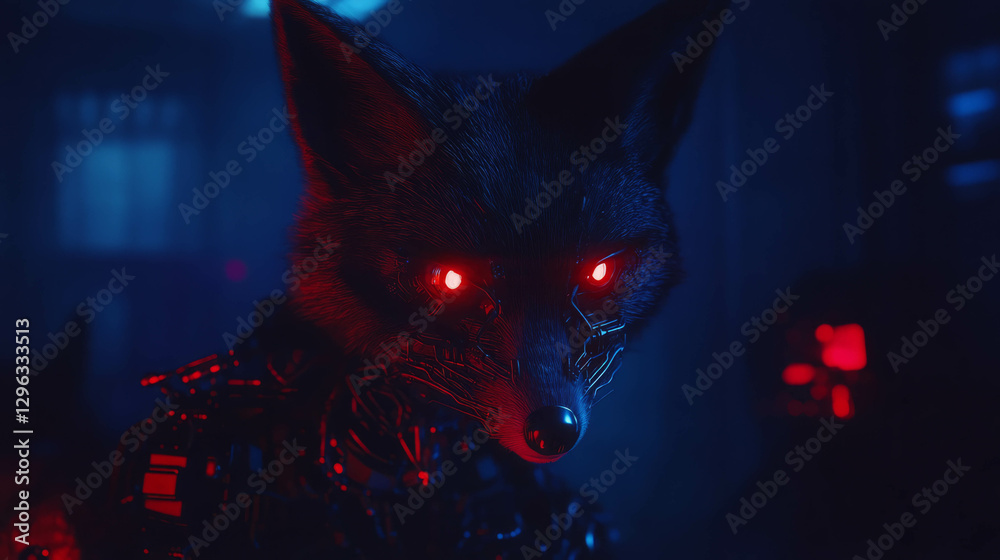 Aufkleber futuristic robotic fox with glowing eyes in a dark sci-fi atmosphere