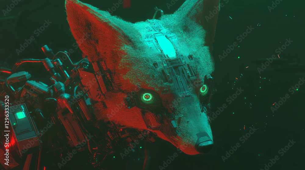 Poster futuristic robotic fox with glowing features in a cybernetic environment