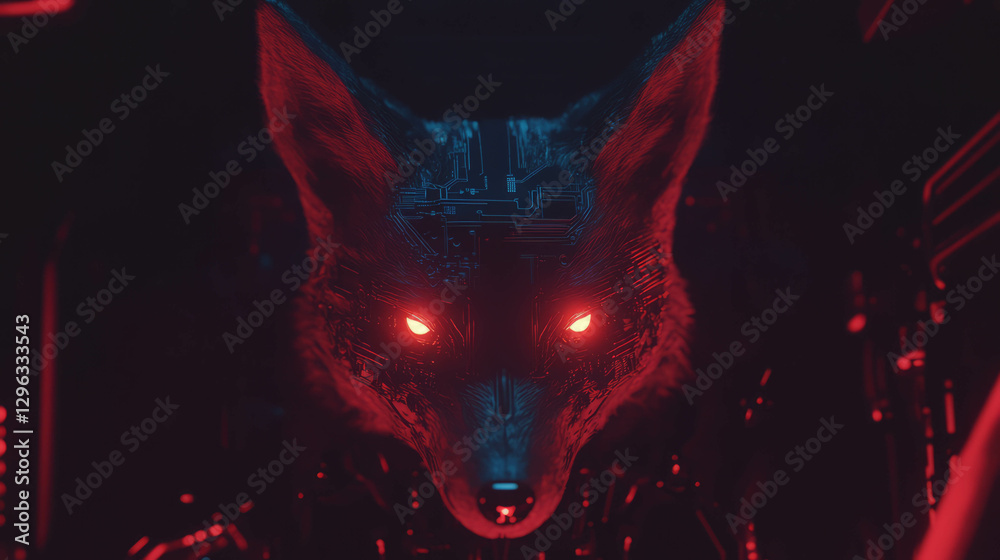 Aufkleber futuristic robotic fox with glowing eyes and cybernetic design