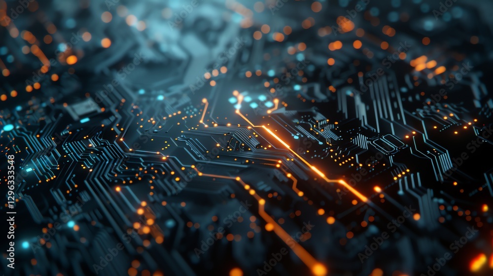 Canvas Prints a close-up image of a circuit board with glowing orange and blue lights.