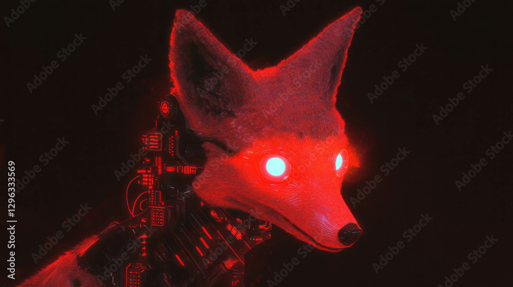 Poster Futuristic robotic fox with glowing eyes in a dark background for sci-fi and tech design