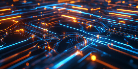 A dynamic 3D abstract background showcasing a complex web of glowing interconnected circuits. The pulsating neon lights and soft reflections add depth and movement to the futuristic high-tech design.