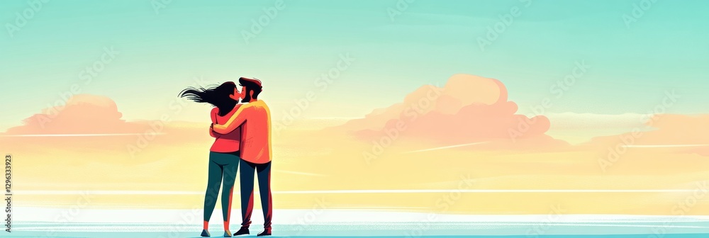 Poster romantic couple embraces on a serene beach at sunset with colorful sky and gentle waves. generative 