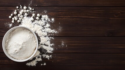 White Flour Inside A Bowl On A Dark Wooden Surface