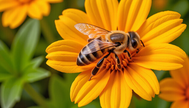 Honeybee collecting nectar from vibrant yellow marigold flower in warm sunlight, symbolizing nature's balance