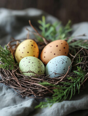 Obraz premium Happy Easter day. Easter eggs lie in a bird's nest , light blue background. Spring twigs and leaves. Pastel colors. 