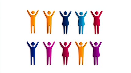 Celebrating Unity: Diverse Figures Rejoicing - Colorful figures with arms raised high, symbolizing unity, diversity, and celebration. Ideal for teamwork, community, and togetherness concepts