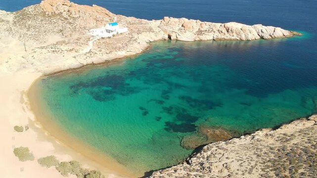 The sandy beach Agios Sostis with the homonymous chapel of Serifos island in Cyclades, Greece