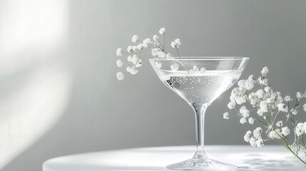 a delicate glass, adorned with gypsophila flowers, set against a light background that adds a sophisticated touch to the scene.
