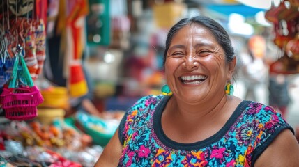 Obraz premium A woman with bright eyes and a radiant smile browses through a vibrant marketplace, her laughter echoing through the aisles, surrounded by colorful goods and the joy of discovery.