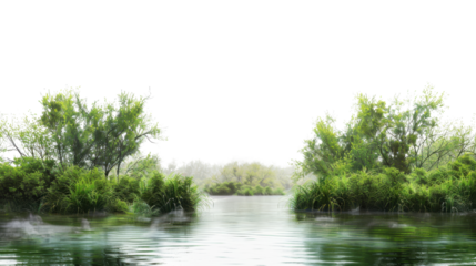 Fog is covering lush vegetation and river in transparent background