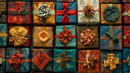 A wall of wrapped gifts with various colors and patterns.