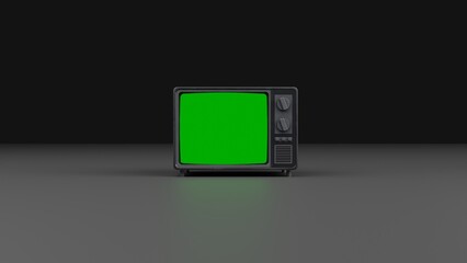 A 3D CRT green screen television tv set against a dark background.