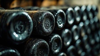 Close-up shot of wine bottles lined up. 