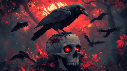 spooky raven sitting on a skull  in a mystical forest, ideal for book covers, gothic art, Halloween themes, and dark storytelling