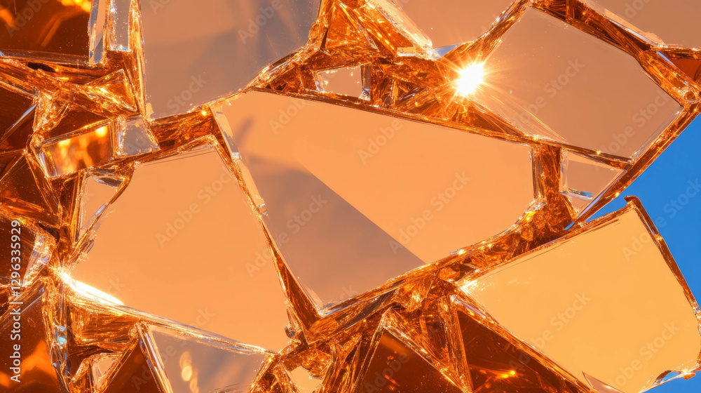 Poster Abstract amber broken glass with mirrored shards and reflections for artistic design