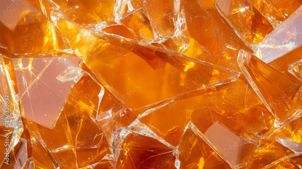Aufkleber abstract composition of amber colored broken glass with reflective surfaces for creative backgrounds