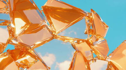 Fototapeta premium Fragmented amber glass against blue sky with reflections for artistic design