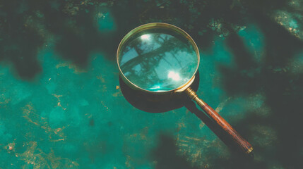 Antique magnifying glass on vintage textured surface for rustic design projects