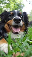 Happy dog lying in grass