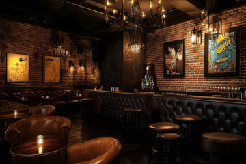 A hidden speakeasy-style 3D background room with dim lighting, exposed brick walls, and a vintage bar setup. Elegant leather seating and classic jazz posters add a touch of 1920s sophistication.