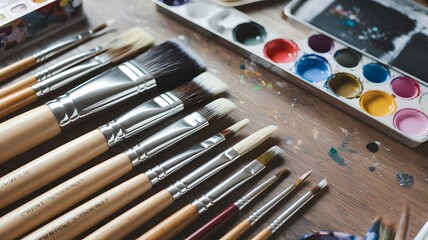 Fototapeta premium A set of professional paintbrushes with wooden handles, laid flat.