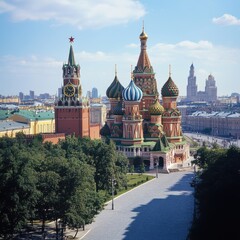 Fototapeta premium Iconic Russian architecture on a sunny day. The vibrant colors of the cathedral and surrounding cityscape create a stunning visual.