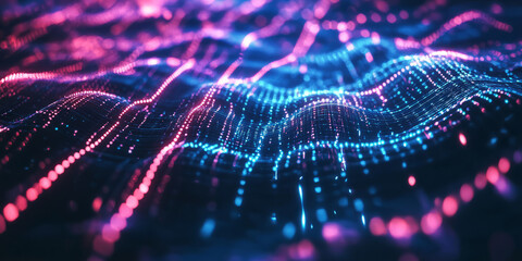 A futuristic abstract background featuring pulsating neon energy streams converging within a high-tech digital grid. The interplay of glowing reflections and fluid transitions creates an elegant