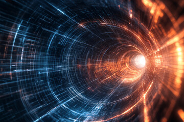 Obraz premium A dynamic 3D abstract background displaying a mesmerizing fractal tunnel made of pulsating neon lines. The intricate digital pattern leads into an infinite vortex, evoking a futuristic sci-fi sense of