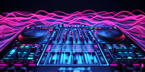 A cybernetic 3D background displaying a high-tech DJ console, glowing with neon lights. The animated sound waves ripple outward, creating an abstract visualization of electronic beats and club music.