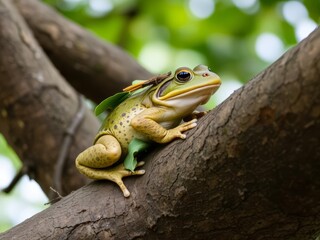 A bullfrog sits on a tree branch