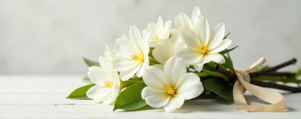 Obraz premium bundle of white flowers tied with a ribbon around a vanilla stick, white, flower, bundle