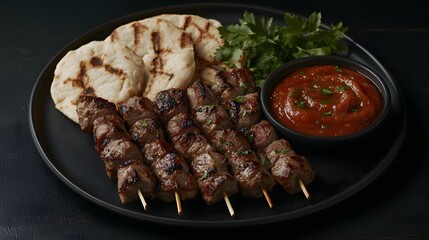 Culinary photography of an exotic dish with meat kebabs on wooden skewers, drizzled in sauce and served alongside pita bread, Generative AI